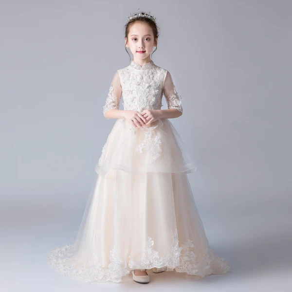 Chinese style Champagne Flower Girl Dresses 2019 A-Line / Princess High Neck 1/2 Sleeves Appliques Lace Beading Sweep Train Ruffle Wedding Party Dresses