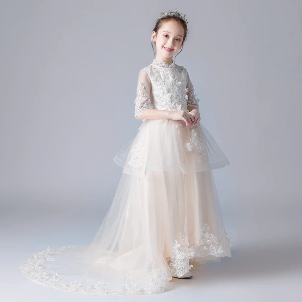 Chinese style Champagne Flower Girl Dresses 2019 A-Line / Princess High Neck 1/2 Sleeves Appliques Lace Beading Sweep Train Ruffle Wedding Party Dresses
