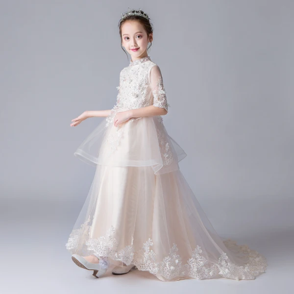 Chinese style Champagne Flower Girl Dresses 2019 A-Line / Princess High Neck 1/2 Sleeves Appliques Lace Beading Sweep Train Ruffle Wedding Party Dresses
