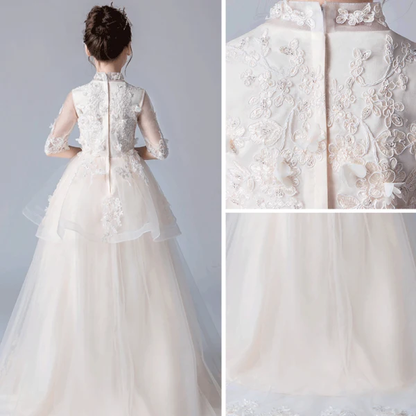 Chinese style Champagne Flower Girl Dresses 2019 A-Line / Princess High Neck 1/2 Sleeves Appliques Lace Beading Sweep Train Ruffle Wedding Party Dresses