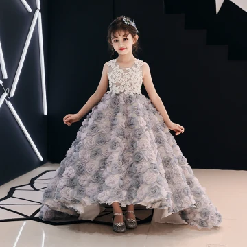 Fée Des Fleurs Champagne Robe Ceremonie Fille 2019 Robe Boule Encolure Dégagée Sans Manches Appliques Fleur Perlage Perle Train De Balayage Volants Robe Pour Mariage