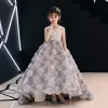 Flower Fairy Champagne Flower Girl Dresses 2019 Ball Gown Scoop Neck Sleeveless Appliques Flower Beading Pearl Sweep Train Ruffle Wedding Party Dresses