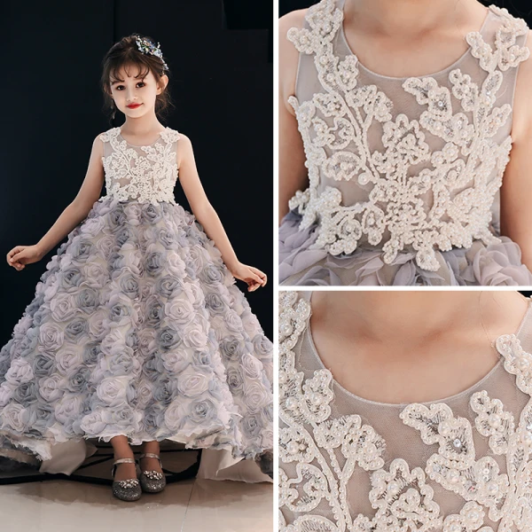 Flower Fairy Champagne Flower Girl Dresses 2019 Ball Gown Scoop Neck Sleeveless Appliques Flower Beading Pearl Sweep Train Ruffle Wedding Party Dresses