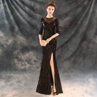 Moderne Mode Noire Robe De Soirée 2018 Trompette Sirène Perlage Encolure Dégagée 1 2 Manches Paillettes Fendue Devant Longue Robe De Ceremonie