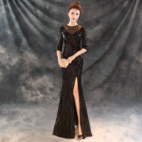 Modern / Fashion Black Evening Dresses 2018 Trumpet / Mermaid Beading Scoop Neck 1/2 Sleeves Sequins Split Front Floor-Length / Long Formal Dresses