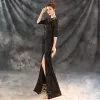 Modern / Fashion Black Evening Dresses  2018 Trumpet / Mermaid Beading Scoop Neck 1/2 Sleeves Sequins Split Front Floor-Length / Long Formal Dresses