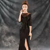 Modern / Fashion Black Evening Dresses  2018 Trumpet / Mermaid Beading Scoop Neck 1/2 Sleeves Sequins Split Front Floor-Length / Long Formal Dresses