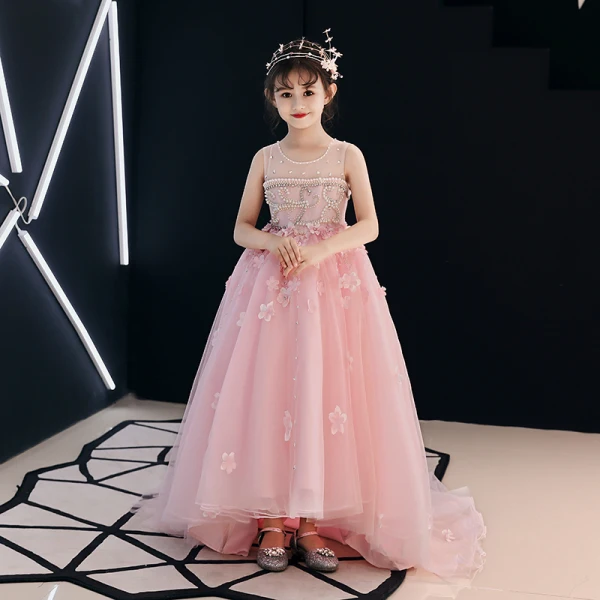 Chic / Beautiful Candy Pink See-through Flower Girl Dresses 2019 A-Line / Princess Scoop Neck Sleeveless Appliques Lace Flower Rhinestone Beading Pearl Court Train Ruffle Wedding Party Dresses