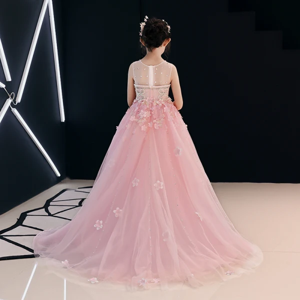 Chic / Beautiful Candy Pink See-through Flower Girl Dresses 2019 A-Line / Princess Scoop Neck Sleeveless Appliques Lace Flower Rhinestone Beading Pearl Court Train Ruffle Wedding Party Dresses