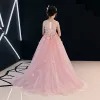 Chic / Beautiful Candy Pink See-through Flower Girl Dresses 2019 A-Line / Princess Scoop Neck Sleeveless Appliques Lace Flower Rhinestone Beading Pearl Court Train Ruffle Wedding Party Dresses