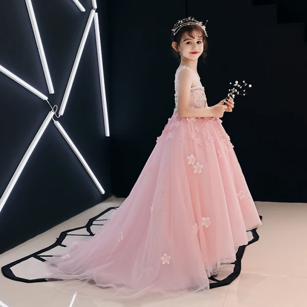 Chic / Beautiful Candy Pink See-through Flower Girl Dresses 2019 A-Line / Princess Scoop Neck Sleeveless Appliques Lace Flower Rhinestone Beading Pearl Court Train Ruffle Wedding Party Dresses