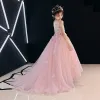 Chic / Beautiful Candy Pink See-through Flower Girl Dresses 2019 A-Line / Princess Scoop Neck Sleeveless Appliques Lace Flower Rhinestone Beading Pearl Court Train Ruffle Wedding Party Dresses