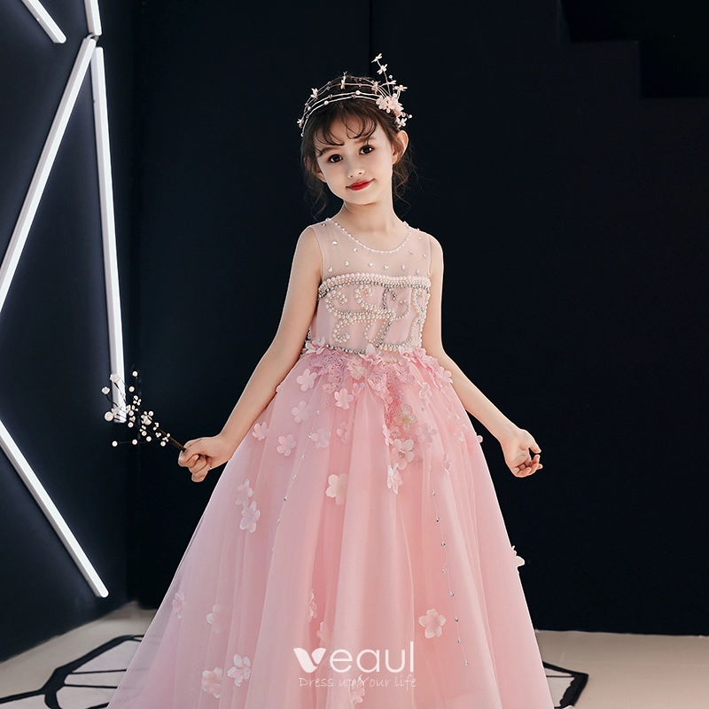 Chic Belle Rose Bonbon Transparentes Robe Ceremonie Fille 2019 Princesse Encolure Degagee Sans Manches Appliques En
