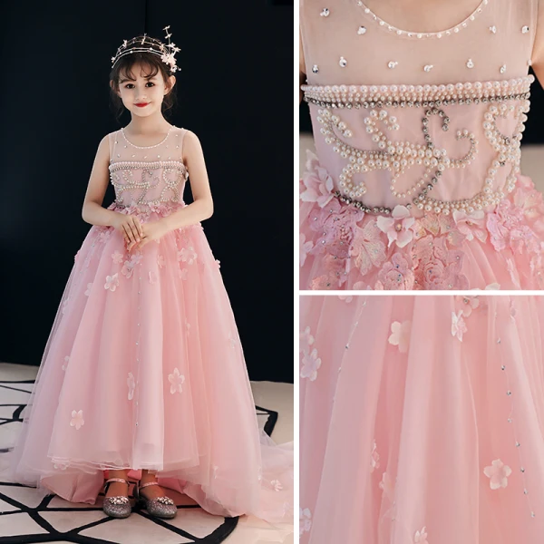 Chic / Beautiful Candy Pink See-through Flower Girl Dresses 2019 A-Line / Princess Scoop Neck Sleeveless Appliques Lace Flower Rhinestone Beading Pearl Court Train Ruffle Wedding Party Dresses