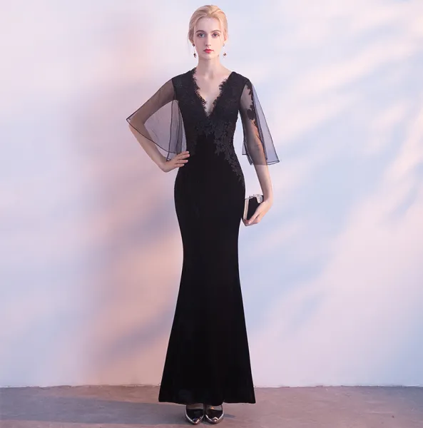 Sexy Black Suede Evening Dresses  2018 Trumpet / Mermaid V-Neck 1/2 Sleeves Appliques Lace Floor-Length / Long Backless Formal Dresses