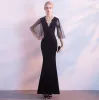 Sexy Black Suede Evening Dresses  2018 Trumpet / Mermaid V-Neck 1/2 Sleeves Appliques Lace Floor-Length / Long Backless Formal Dresses