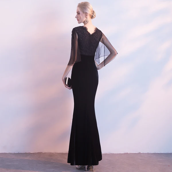 Sexy Black Suede Evening Dresses 2018 Trumpet / Mermaid V-Neck 1/2 Sleeves Appliques Lace Floor-Length / Long Backless Formal Dresses