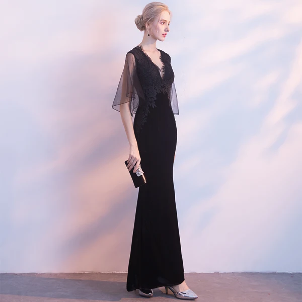 Sexy Black Suede Evening Dresses 2018 Trumpet / Mermaid V-Neck 1/2 Sleeves Appliques Lace Floor-Length / Long Backless Formal Dresses