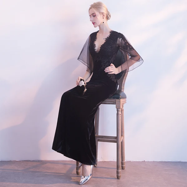 Sexy Black Suede Evening Dresses 2018 Trumpet / Mermaid V-Neck 1/2 Sleeves Appliques Lace Floor-Length / Long Backless Formal Dresses