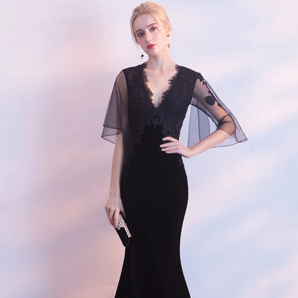 Sexy Black Suede Evening Dresses 2018 Trumpet / Mermaid V-Neck 1/2 Sleeves Appliques Lace Floor-Length / Long Backless Formal Dresses