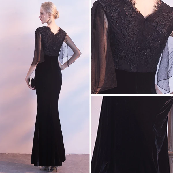 Sexy Black Suede Evening Dresses 2018 Trumpet / Mermaid V-Neck 1/2 Sleeves Appliques Lace Floor-Length / Long Backless Formal Dresses