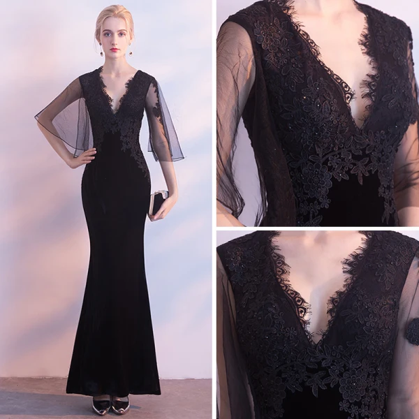 Sexy Black Suede Evening Dresses 2018 Trumpet / Mermaid V-Neck 1/2 Sleeves Appliques Lace Floor-Length / Long Backless Formal Dresses