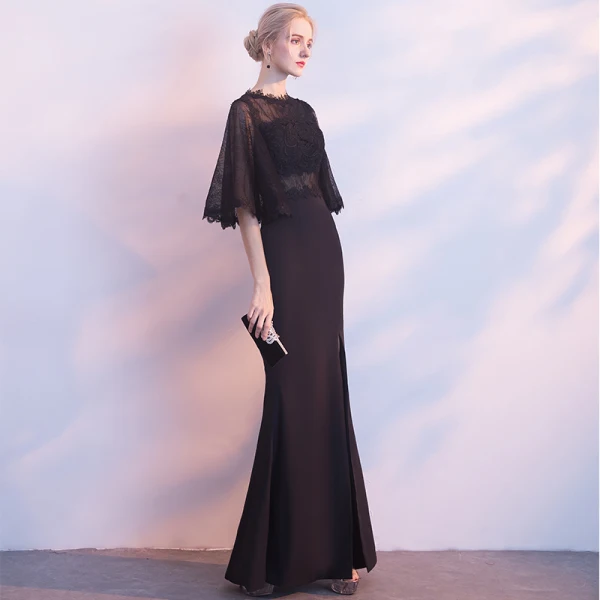 Modern / Fashion Black Evening Dresses 2018 Trumpet / Mermaid Scoop Neck 1/2 Sleeves Split Front Floor-Length / Long Formal Dresses