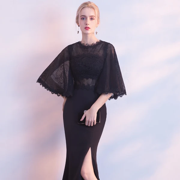Modern / Fashion Black Evening Dresses 2018 Trumpet / Mermaid Scoop Neck 1/2 Sleeves Split Front Floor-Length / Long Formal Dresses