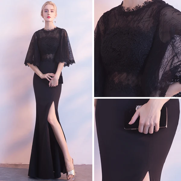 Modern / Fashion Black Evening Dresses 2018 Trumpet / Mermaid Scoop Neck 1/2 Sleeves Split Front Floor-Length / Long Formal Dresses