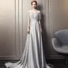 Luxury / Gorgeous Grey Pierced Evening Dresses  2018 A-Line / Princess High Neck Cap Sleeves Beading Crystal Tassel Cathedral Train Ruffle Backless Formal Dresses