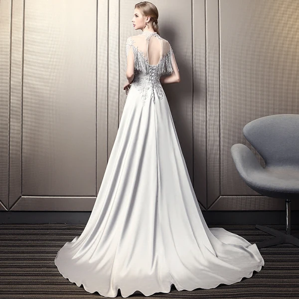 Luxury / Gorgeous Grey Pierced Evening Dresses  2018 A-Line / Princess High Neck Cap Sleeves Beading Crystal Tassel Cathedral Train Ruffle Backless Formal Dresses