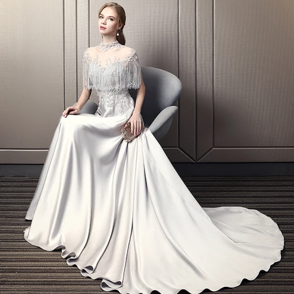 Luxury / Gorgeous Grey Pierced Evening Dresses  2018 A-Line / Princess High Neck Cap Sleeves Beading Crystal Tassel Cathedral Train Ruffle Backless Formal Dresses