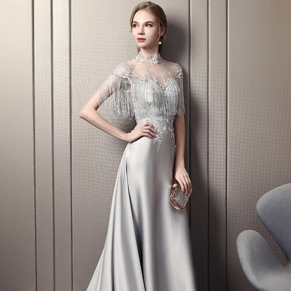 Luxury / Gorgeous Grey Pierced Evening Dresses  2018 A-Line / Princess High Neck Cap Sleeves Beading Crystal Tassel Cathedral Train Ruffle Backless Formal Dresses