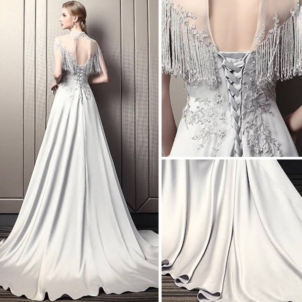 Luxury / Gorgeous Grey Pierced Evening Dresses  2018 A-Line / Princess High Neck Cap Sleeves Beading Crystal Tassel Cathedral Train Ruffle Backless Formal Dresses