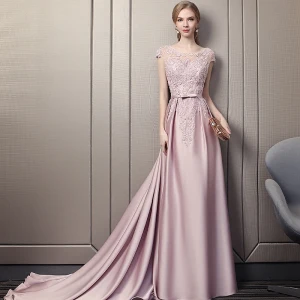Elegante Candy Roze Avondjurken 2018 A Lijn Ronde Hals Kapmouwen Pailletten Kralen Strik Gordel Cathedral Train Ruche Ruglooze Gelegenheid Jurken