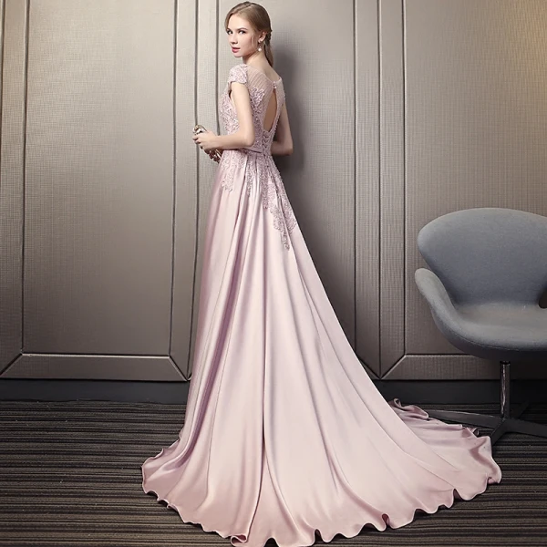 Elegante Pink Abendkleider 2018 A Linie Rundhalsausschnitt Ärmel Pailletten Perlenstickerei Schleife Stoffgürtel Kathedrale Schleppe Rüschen Rückenfreies Festliche Kleider