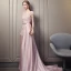 Elegante Pink Abendkleider 2018 A Linie Rundhalsausschnitt Ärmel Pailletten Perlenstickerei Schleife Stoffgürtel Kathedrale Schleppe Rüschen Rückenfreies Festliche Kleider