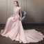 Elegante Pink Abendkleider 2018 A Linie Rundhalsausschnitt Ärmel Pailletten Perlenstickerei Schleife Stoffgürtel Kathedrale Schleppe Rüschen Rückenfreies Festliche Kleider