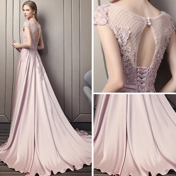 Elegante Pink Abendkleider 2018 A Linie Rundhalsausschnitt Ärmel Pailletten Perlenstickerei Schleife Stoffgürtel Kathedrale Schleppe Rüschen Rückenfreies Festliche Kleider