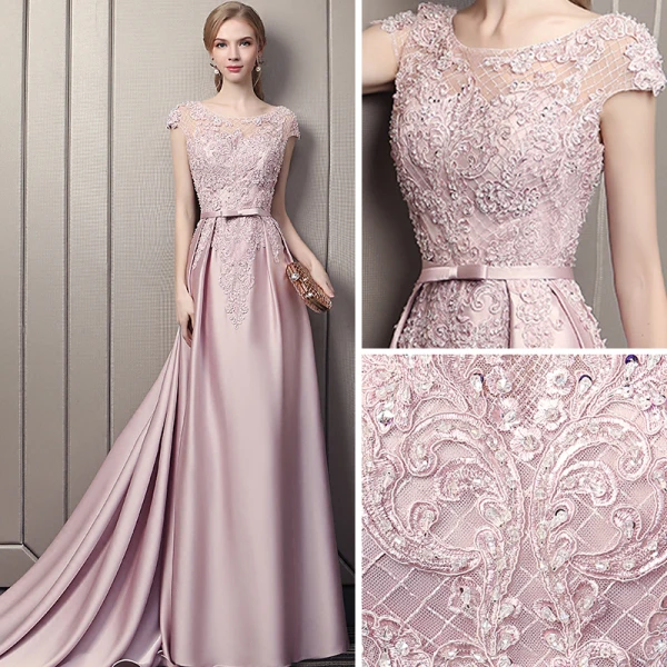 Elegante Pink Abendkleider 2018 A Linie Rundhalsausschnitt Ärmel Pailletten Perlenstickerei Schleife Stoffgürtel Kathedrale Schleppe Rüschen Rückenfreies Festliche Kleider