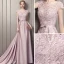 Elegante Pink Abendkleider 2018 A Linie Rundhalsausschnitt Ärmel Pailletten Perlenstickerei Schleife Stoffgürtel Kathedrale Schleppe Rüschen Rückenfreies Festliche Kleider