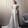 Modern / Fashion Grey Evening Dresses  2018 Empire Square Neckline Short Sleeve Appliques Lace Sequins Beading Cathedral Train Ruffle Backless Formal Dresses