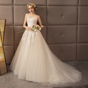 Discount Champagne See Through Wedding Dresses 2018 A Line Princess Scoop Neck Sleeveless Backless Appliques Lace Ruffle Chapel Train