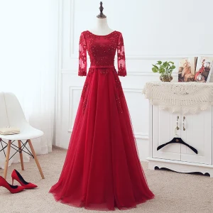 Illusion Bordeaux Transparentes Robe De Soirée 2018 Princesse Encolure Dégagée Manches Longues Perlage Cristal Noeud Ceinture Longue Volants Dos Nu Robe De Ceremonie