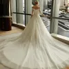 Luxury / Gorgeous Church Wedding Dresses 2017 Lace Appliques Pearl Tassel Off-The-Shoulder 3/4 Sleeve Backless Royal Train Ivory Ball Gown