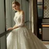 Luxury / Gorgeous Church Wedding Dresses 2017 Lace Appliques Pearl Tassel Off-The-Shoulder 3/4 Sleeve Backless Royal Train Ivory Ball Gown