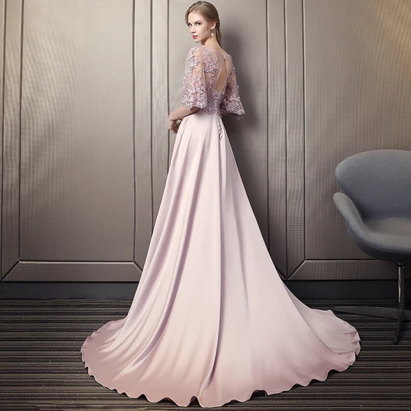 Modern / Fashion Candy Pink Pierced Evening Dresses 2018 A-Line / Princess Scoop Neck 1/2 Sleeves Appliques Lace Sequins Beading Cathedral Train Ruffle Backless