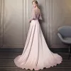 Modern / Fashion Candy Pink Pierced Evening Dresses  2018 A-Line / Princess Scoop Neck 1/2 Sleeves Appliques Lace Sequins Beading Cathedral Train Ruffle Backless
