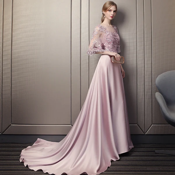 Modern / Fashion Candy Pink Pierced Evening Dresses 2018 A-Line / Princess Scoop Neck 1/2 Sleeves Appliques Lace Sequins Beading Cathedral Train Ruffle Backless