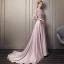 Modern / Fashion Candy Pink Pierced Evening Dresses  2018 A-Line / Princess Scoop Neck 1/2 Sleeves Appliques Lace Sequins Beading Cathedral Train Ruffle Backless